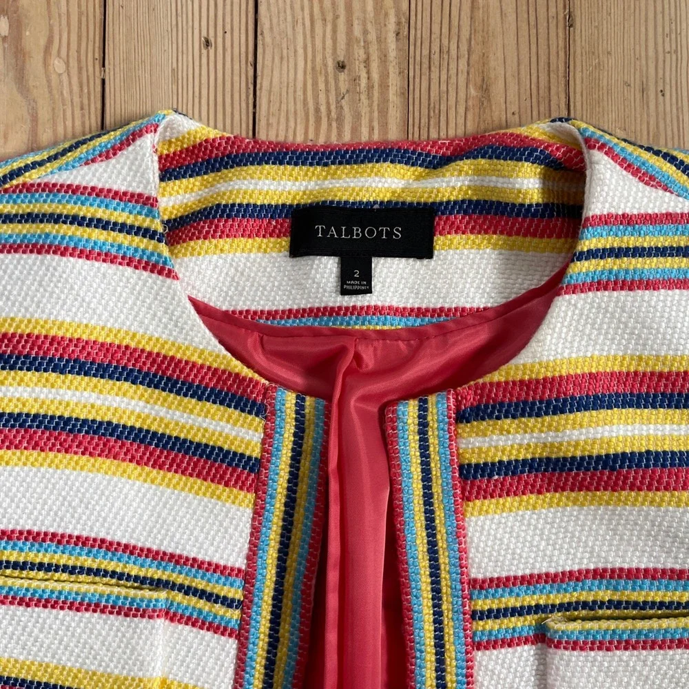 Talbots Women Colorful Striped Blazer Jacket Preppy Business Collarless Size‎ 2